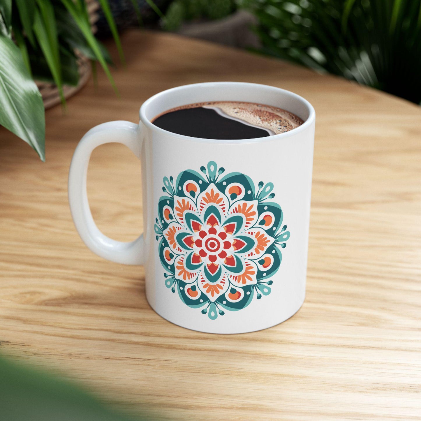 ColorFlow | Boho Sunrise Mandala Ceramic Mug | 15oz Coffee Cup | Teal Orange Art Mug | Unique Gift for Coffee Lovers