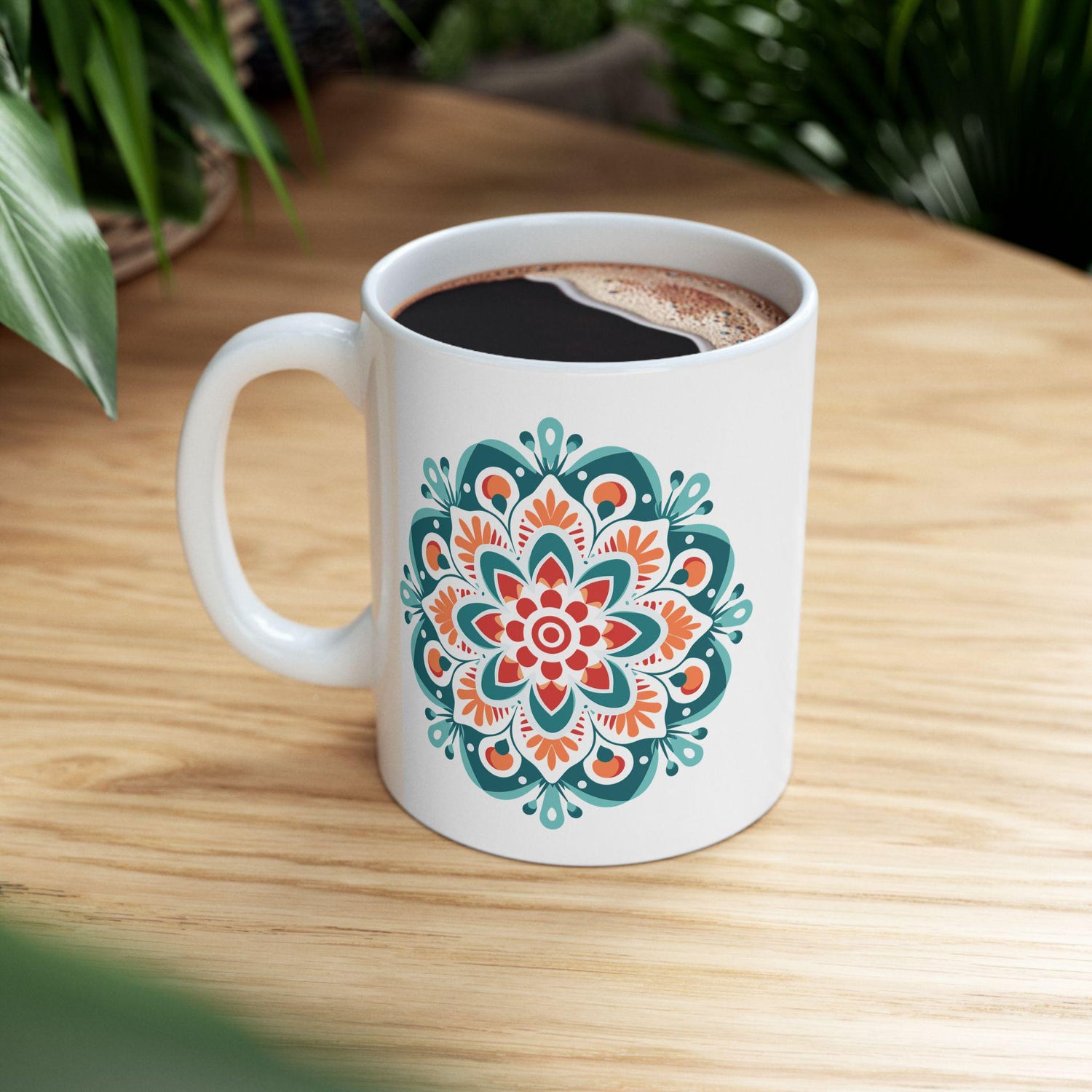 ColorFlow | Boho Sunrise Mandala Ceramic Mug | 15oz Coffee Cup | Teal Orange Art Mug | Unique Gift for Coffee Lovers