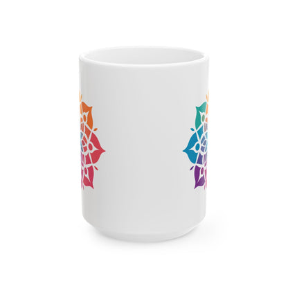 Rainbow Mandala Ceramic Mug | Boho Coffee Cup, 15oz