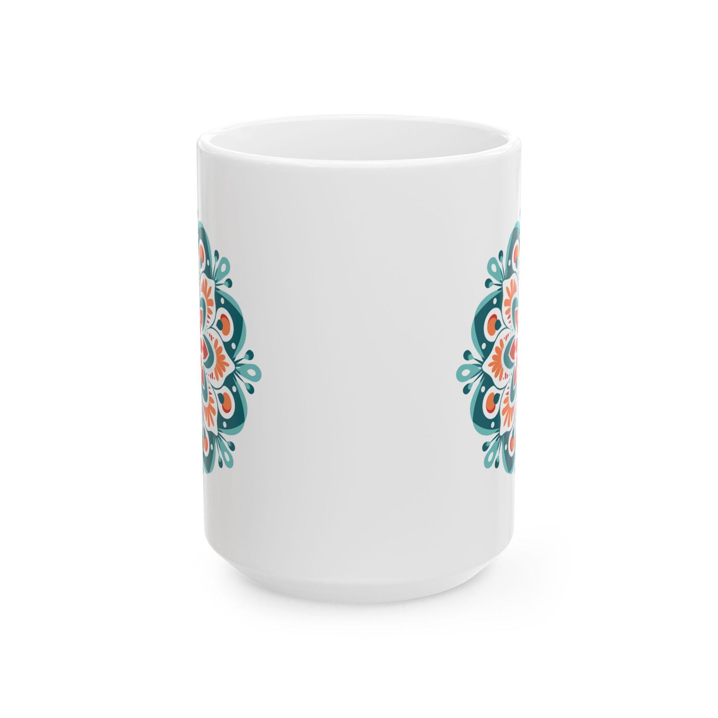 ColorFlow | Boho Sunrise Mandala Ceramic Mug | 15oz Coffee Cup | Teal Orange Art Mug | Unique Gift for Coffee Lovers