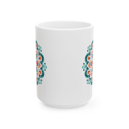 ColorFlow | Boho Sunrise Mandala Ceramic Mug | 15oz Coffee Cup | Teal Orange Art Mug | Unique Gift for Coffee Lovers