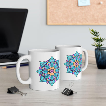 Arctic Bloom Mandala Ceramic Mug | Blue Pink Art, 15oz