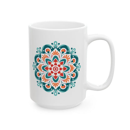 ColorFlow | Boho Sunrise Mandala Ceramic Mug | 15oz Coffee Cup | Teal Orange Art Mug | Unique Gift for Coffee Lovers