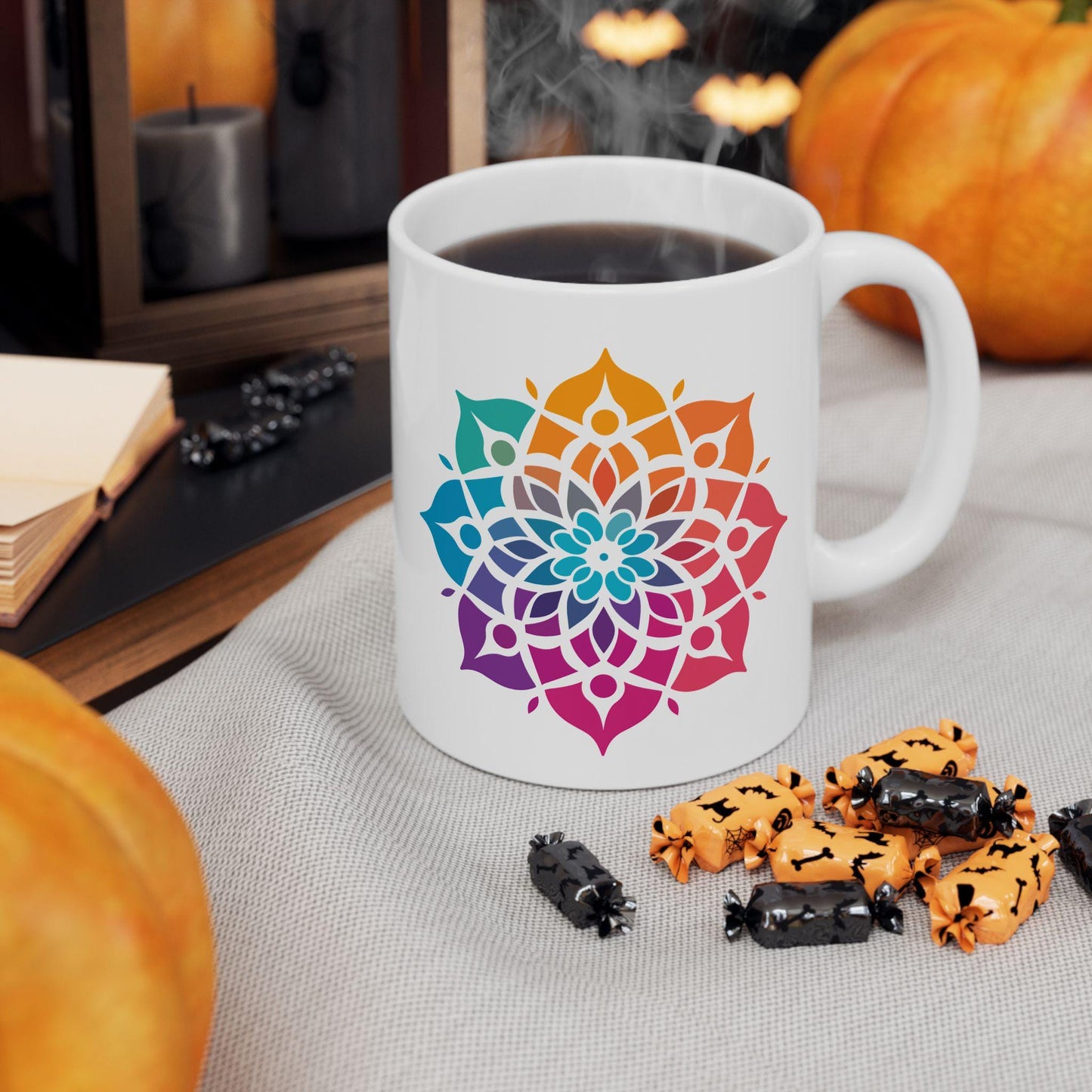 Rainbow Mandala Ceramic Mug | Boho Coffee Cup, 15oz
