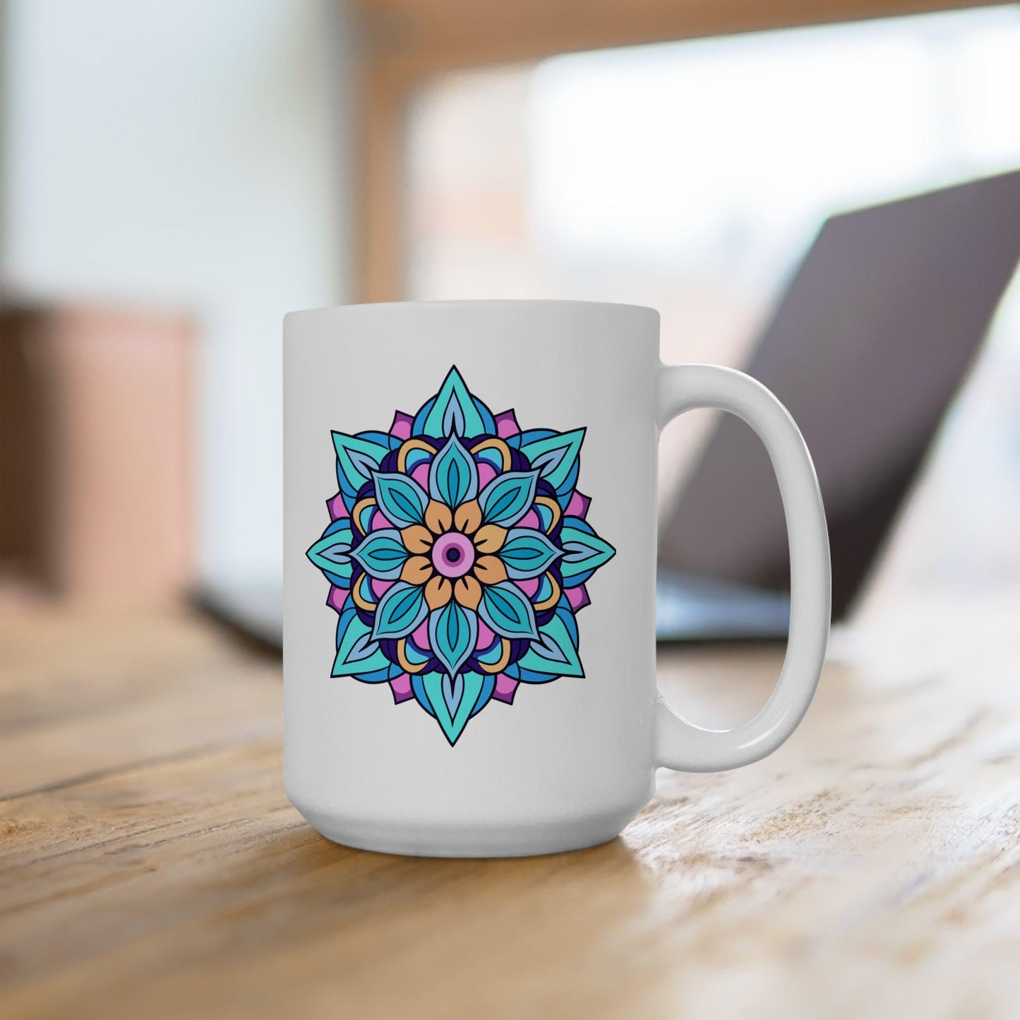 Arctic Bloom Mandala Ceramic Mug | Blue Pink Art, 15oz