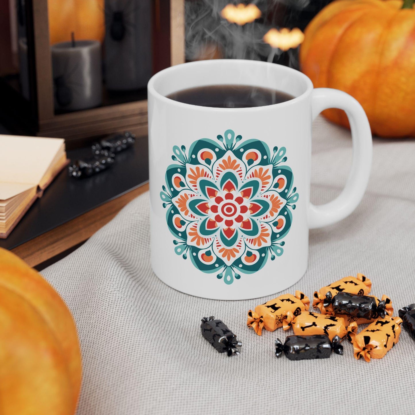 ColorFlow | Boho Sunrise Mandala Ceramic Mug | 15oz Coffee Cup | Teal Orange Art Mug | Unique Gift for Coffee Lovers