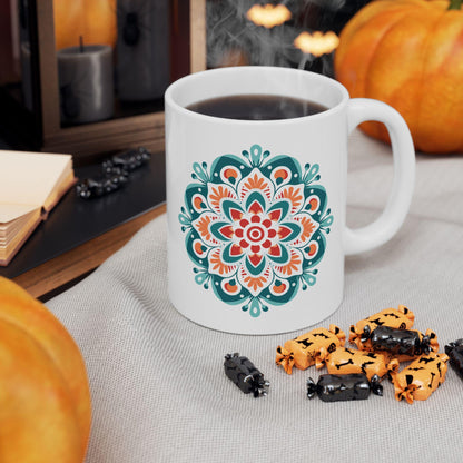 ColorFlow | Boho Sunrise Mandala Ceramic Mug | 15oz Coffee Cup | Teal Orange Art Mug | Unique Gift for Coffee Lovers