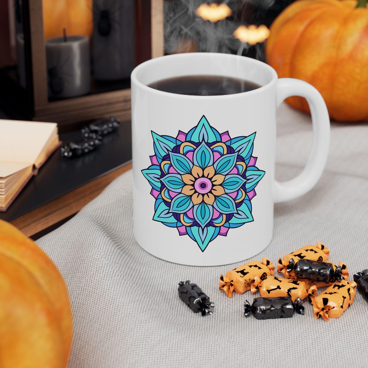 Arctic Bloom Mandala Ceramic Mug | Blue Pink Art, 15oz