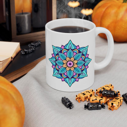 Arctic Bloom Mandala Ceramic Mug | Blue Pink Art, 15oz