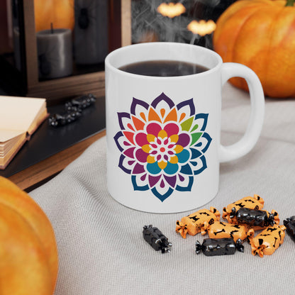 Rainbow Mandala Ceramic Coffee Mug | Vibrant Floral Art, 15oz
