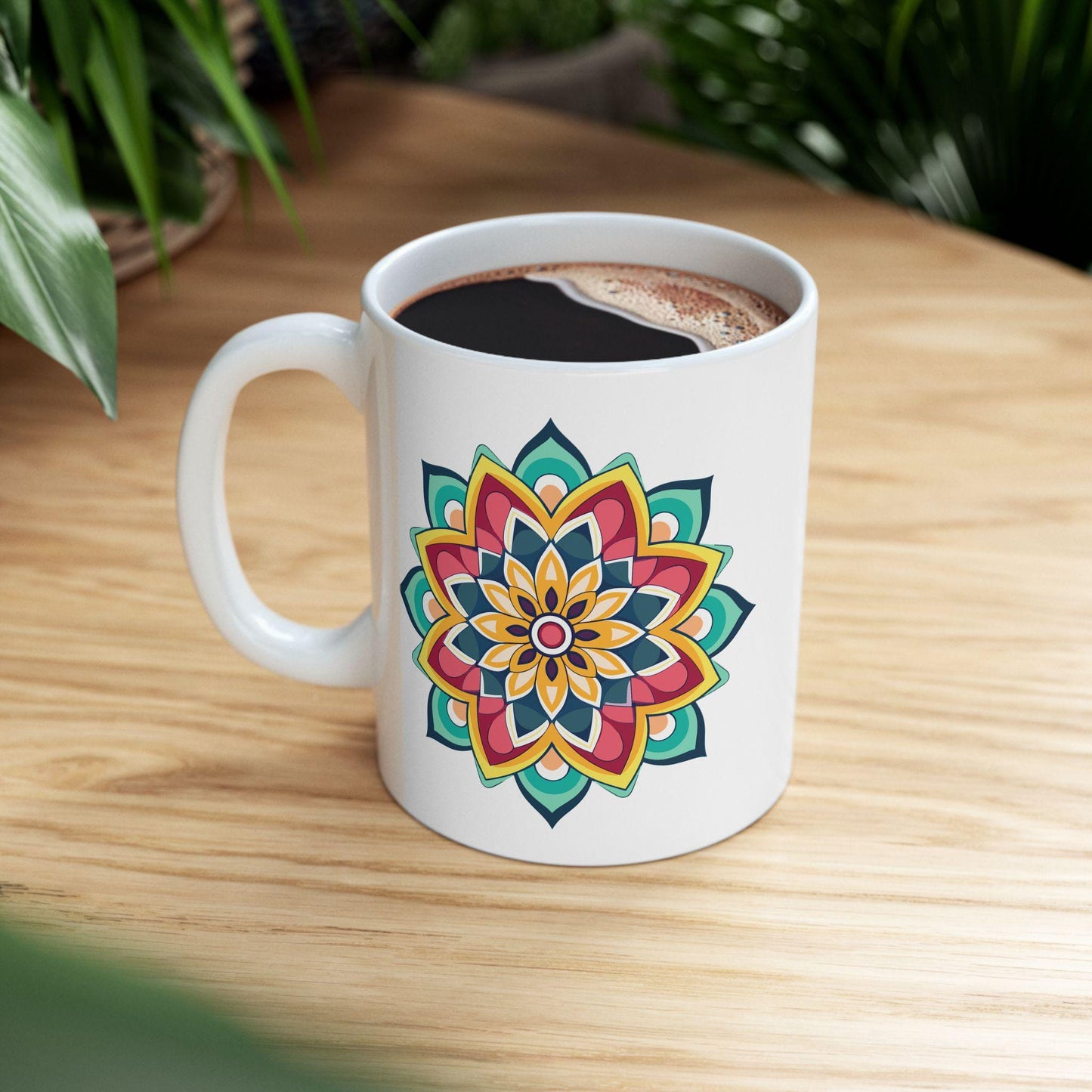 ColorFlow | Golden Harmony Mandala Ceramic Mug | 15oz Coffee Cup | Boho Art Mug | Vibrant Gift for Coffee and Tea Lovers