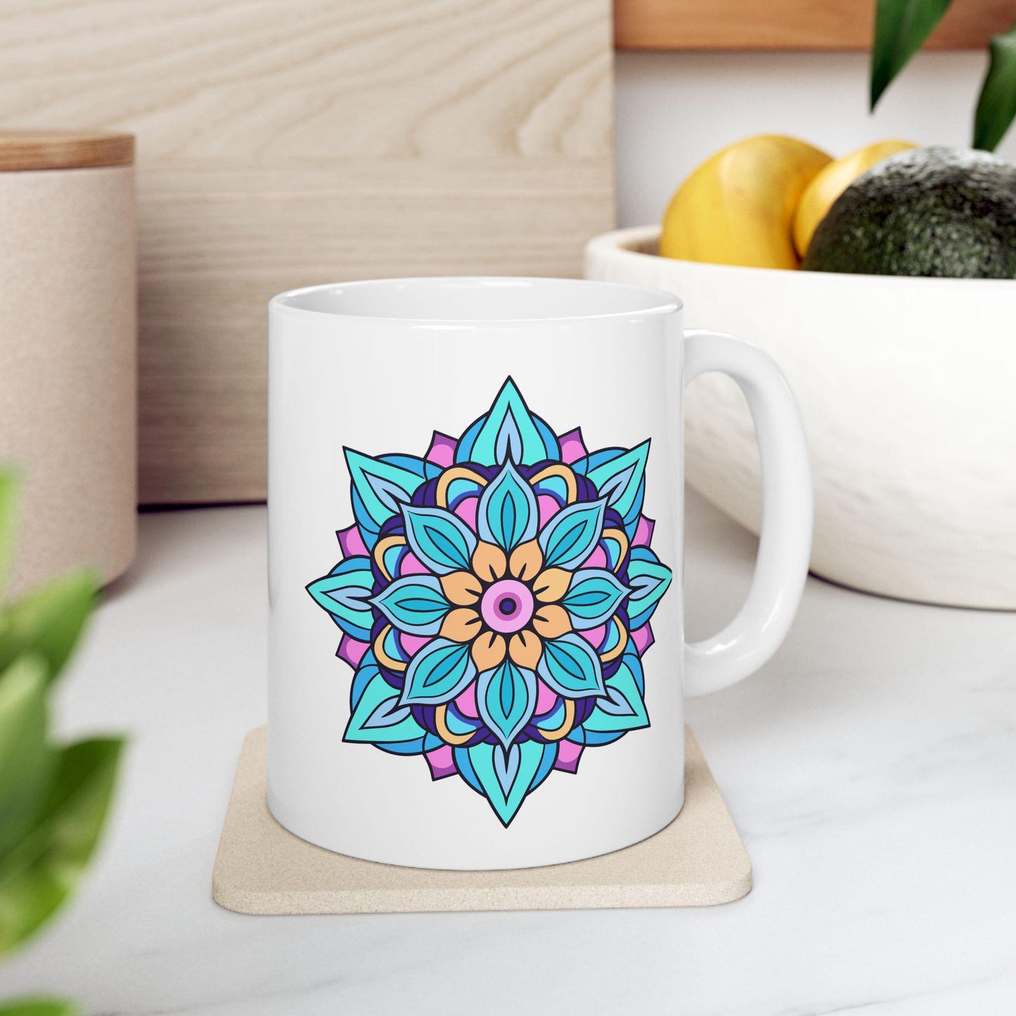 Arctic Bloom Mandala Ceramic Mug | Blue Pink Art, 15oz