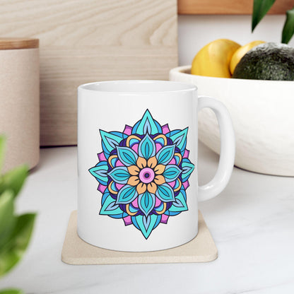 Arctic Bloom Mandala Ceramic Mug | Blue Pink Art, 15oz
