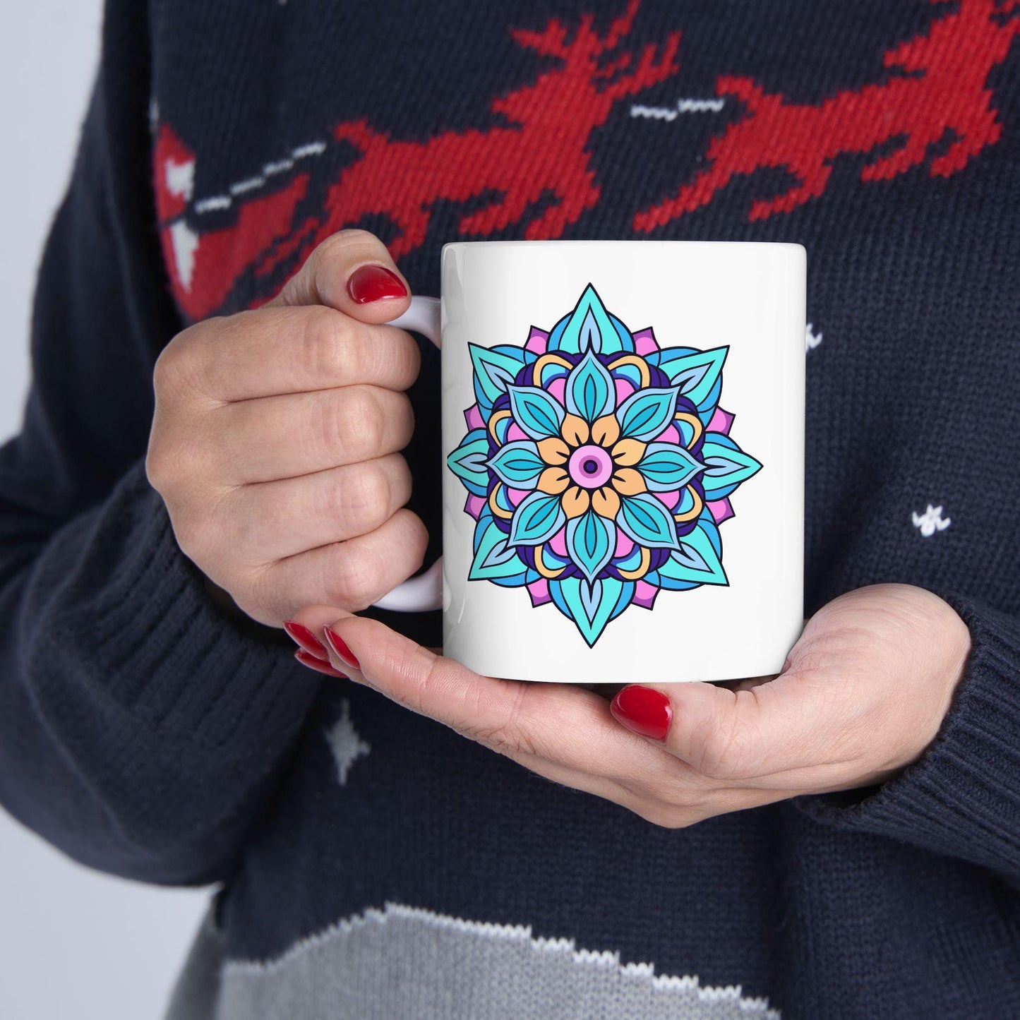 Arctic Bloom Mandala Ceramic Mug | Blue Pink Art, 15oz