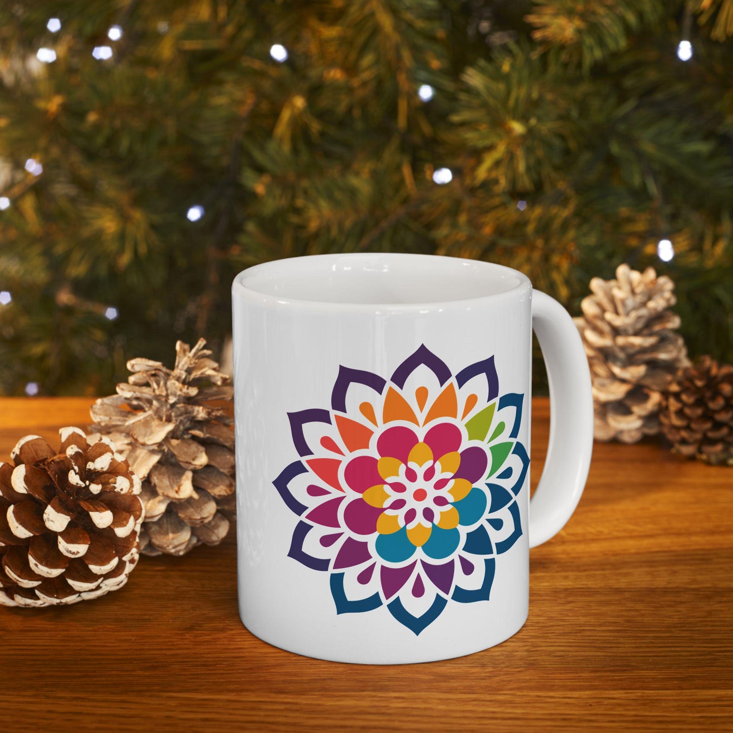 Rainbow Mandala Ceramic Coffee Mug | Vibrant Floral Art, 15oz