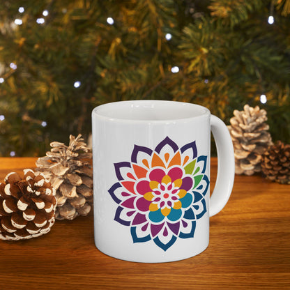Rainbow Mandala Ceramic Coffee Mug | Vibrant Floral Art, 15oz
