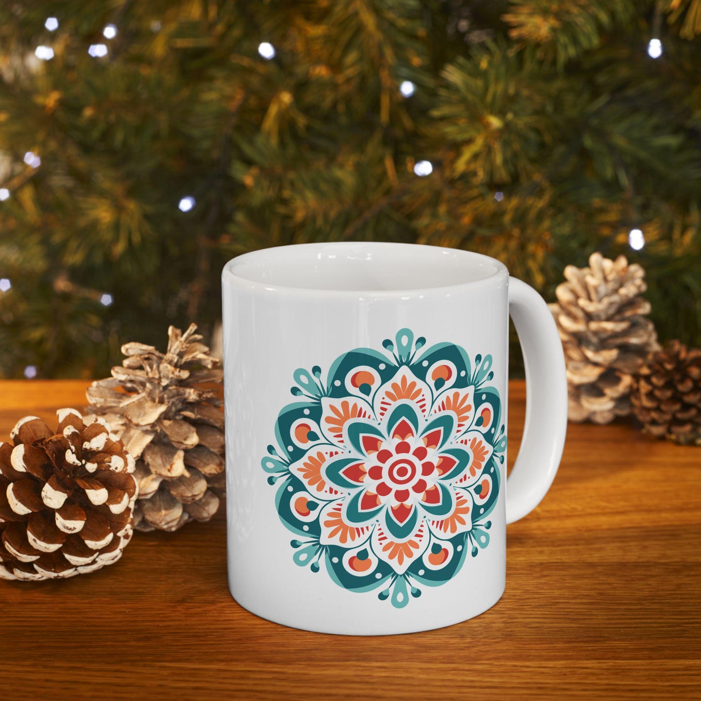 ColorFlow | Boho Sunrise Mandala Ceramic Mug | 15oz Coffee Cup | Teal Orange Art Mug | Unique Gift for Coffee Lovers
