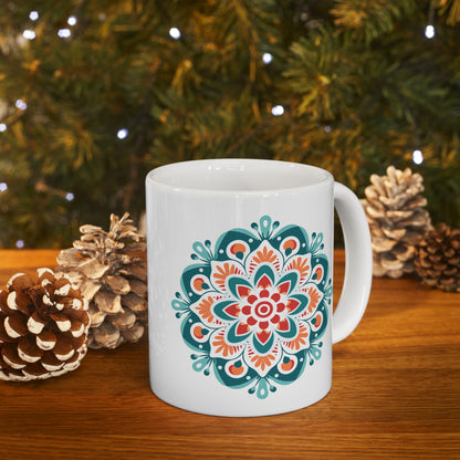ColorFlow | Boho Sunrise Mandala Ceramic Mug | 15oz Coffee Cup | Teal Orange Art Mug | Unique Gift for Coffee Lovers
