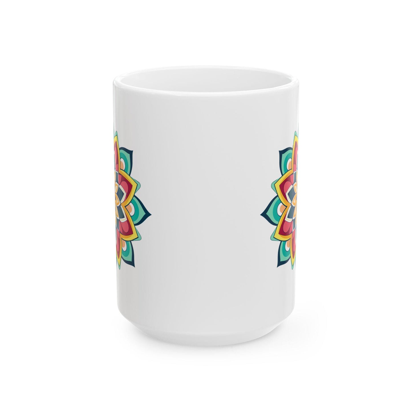 ColorFlow | Golden Harmony Mandala Ceramic Mug | 15oz Coffee Cup | Boho Art Mug | Vibrant Gift for Coffee and Tea Lovers