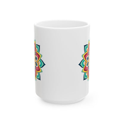 ColorFlow | Golden Harmony Mandala Ceramic Mug | 15oz Coffee Cup | Boho Art Mug | Vibrant Gift for Coffee and Tea Lovers