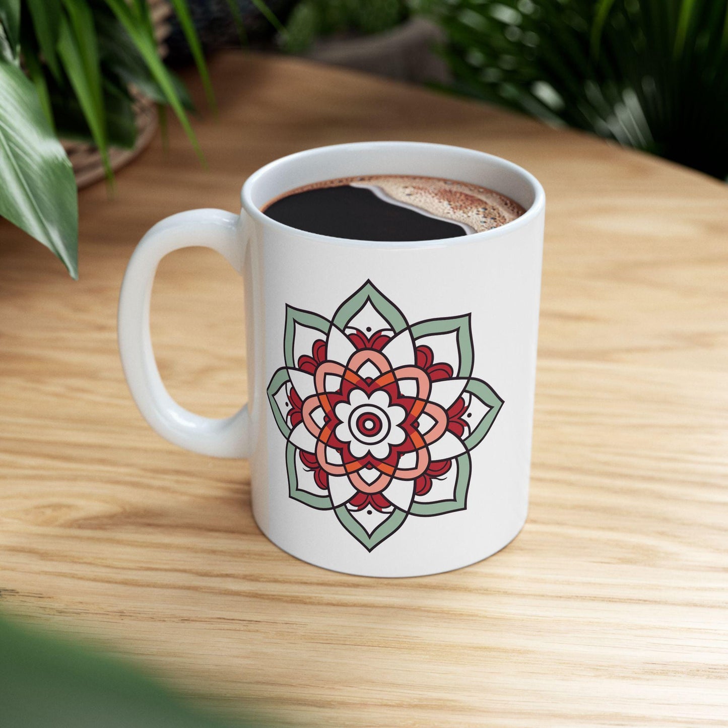 Mandala Ceramic Coffee Mug | Terracotta & Mint Art, 15oz