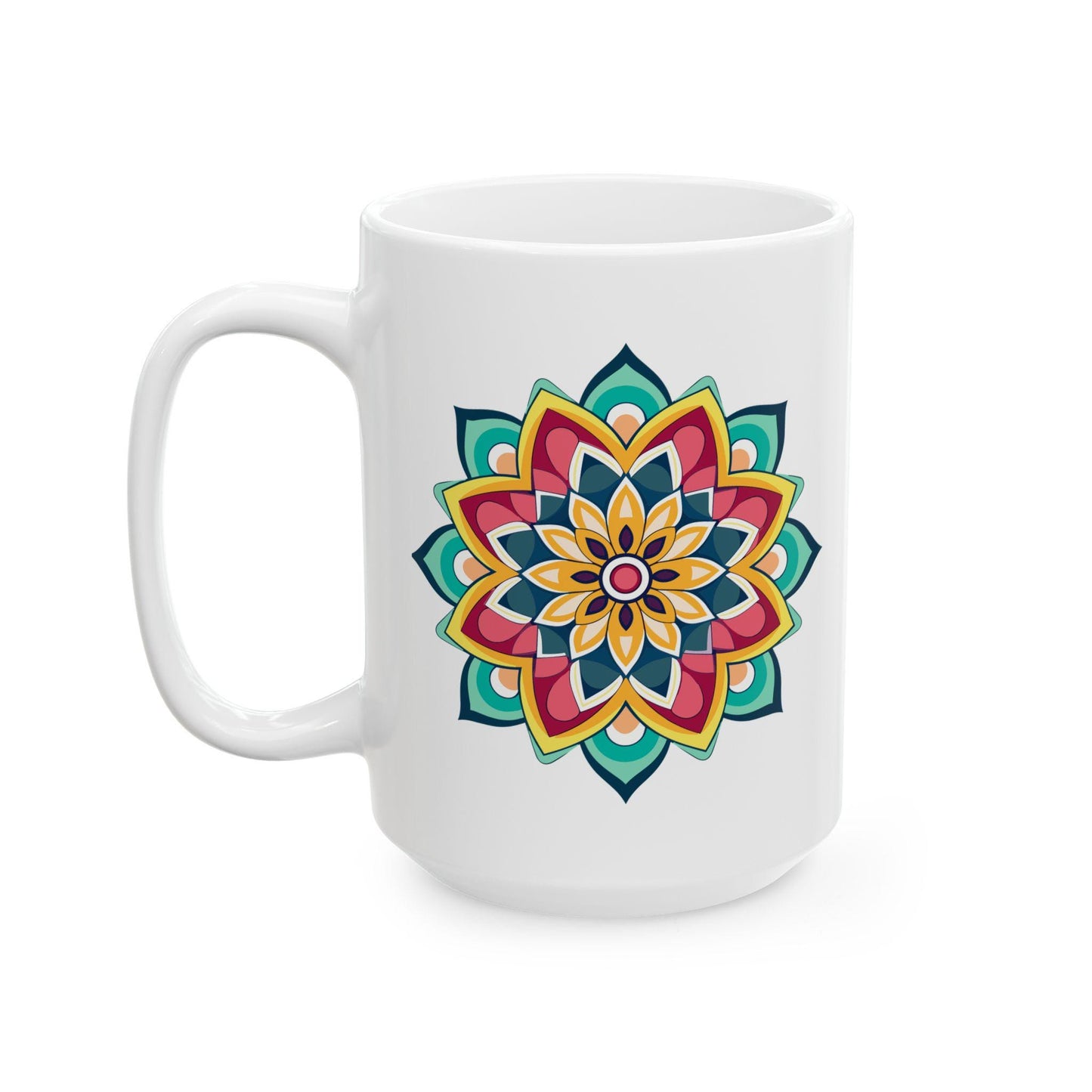 ColorFlow | Golden Harmony Mandala Ceramic Mug | 15oz Coffee Cup | Boho Art Mug | Vibrant Gift for Coffee and Tea Lovers