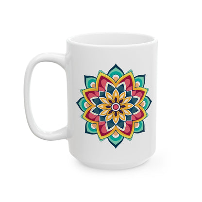 ColorFlow | Golden Harmony Mandala Ceramic Mug | 15oz Coffee Cup | Boho Art Mug | Vibrant Gift for Coffee and Tea Lovers