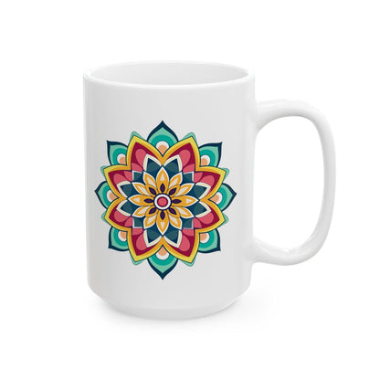 ColorFlow | Golden Harmony Mandala Ceramic Mug | 15oz Coffee Cup | Boho Art Mug | Vibrant Gift for Coffee and Tea Lovers