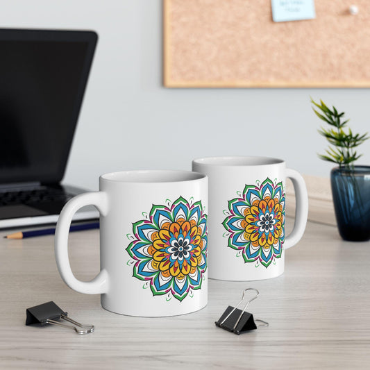 ColorFlow | Golden Bloom Mandala Ceramic Mug | 15oz Coffee Cup | Colorful Boho Art Mug | Gift for Coffee & Tea Lovers