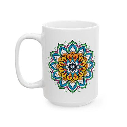 ColorFlow | Golden Bloom Mandala Ceramic Mug | 15oz Coffee Cup | Colorful Boho Art Mug | Gift for Coffee & Tea Lovers