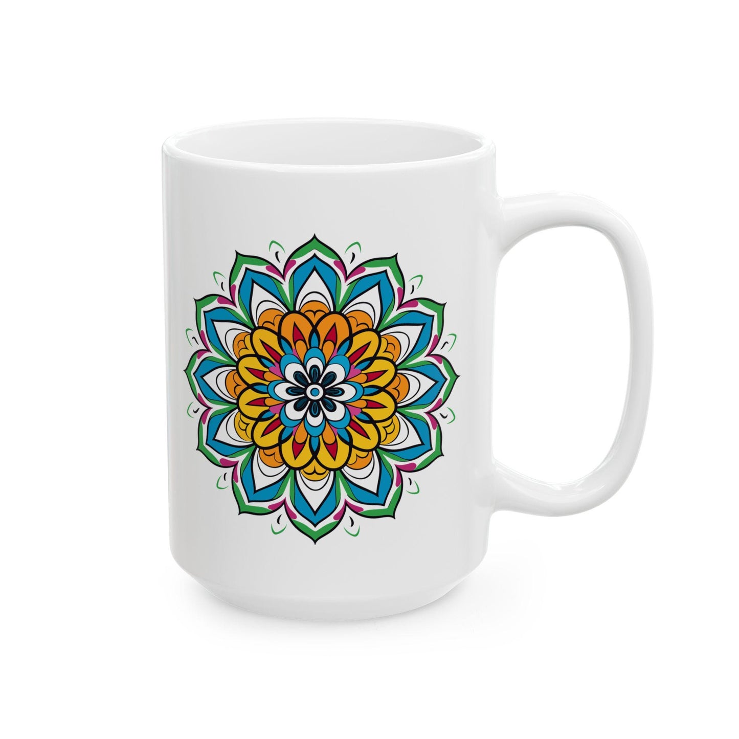 ColorFlow | Golden Bloom Mandala Ceramic Mug | 15oz Coffee Cup | Colorful Boho Art Mug | Gift for Coffee & Tea Lovers
