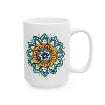 ColorFlow | Golden Bloom Mandala Ceramic Mug | 15oz Coffee Cup | Colorful Boho Art Mug | Gift for Coffee & Tea Lovers
