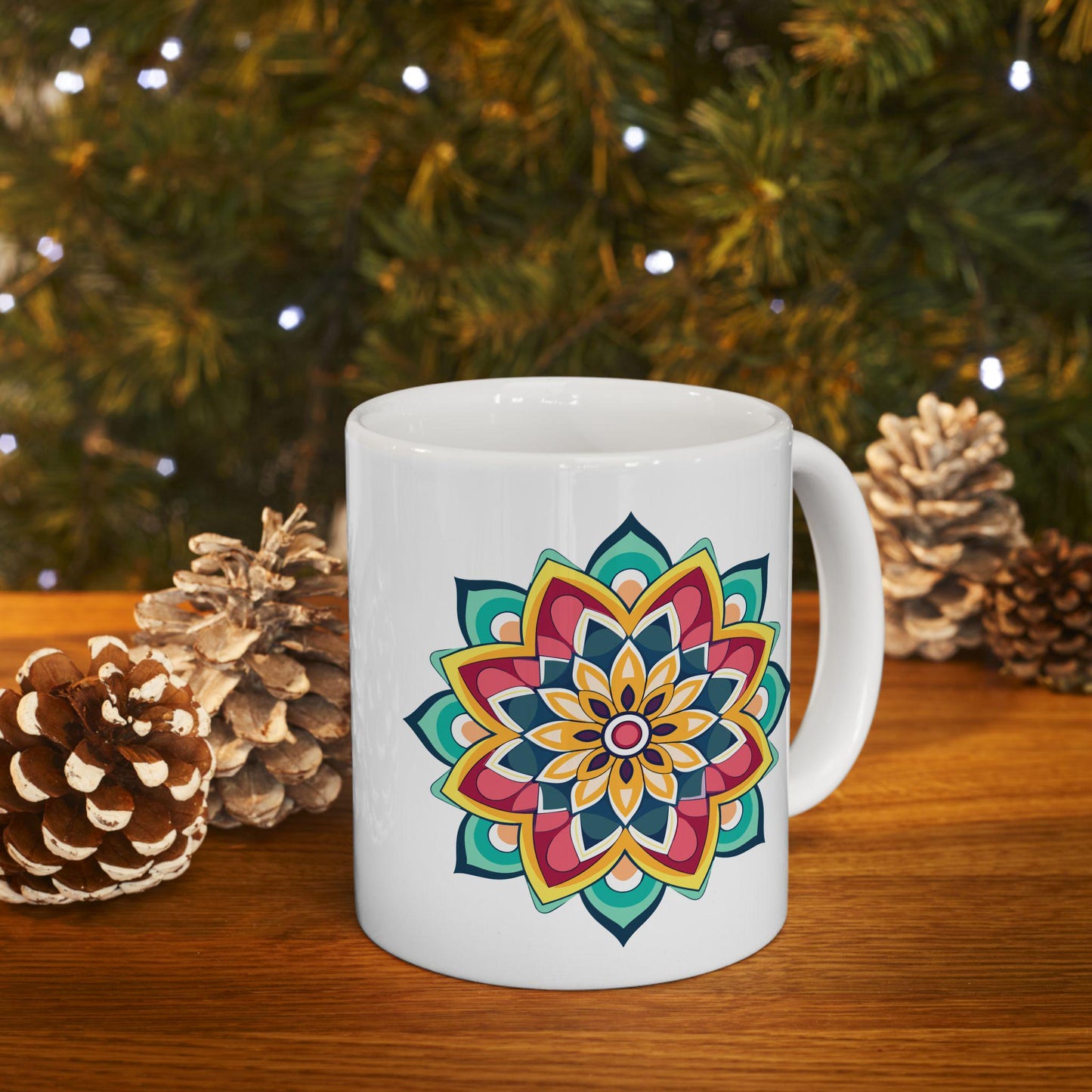 ColorFlow | Golden Harmony Mandala Ceramic Mug | 15oz Coffee Cup | Boho Art Mug | Vibrant Gift for Coffee and Tea Lovers