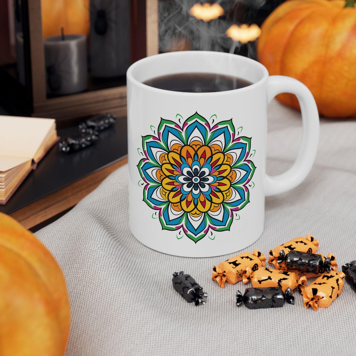 ColorFlow | Golden Bloom Mandala Ceramic Mug | 15oz Coffee Cup | Colorful Boho Art Mug | Gift for Coffee & Tea Lovers