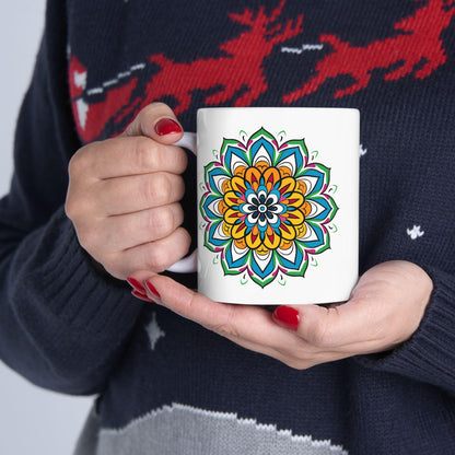 ColorFlow | Golden Bloom Mandala Ceramic Mug | 15oz Coffee Cup | Colorful Boho Art Mug | Gift for Coffee & Tea Lovers