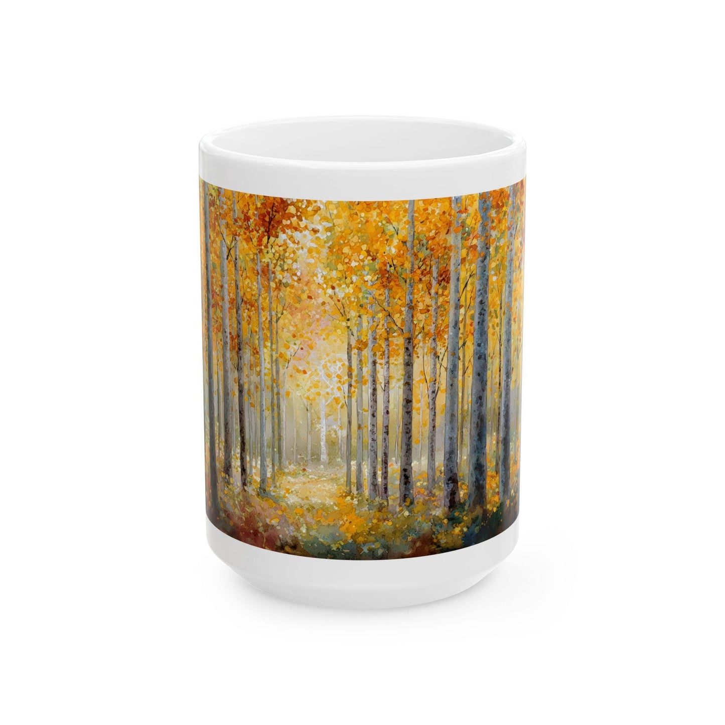 Autumn Birch Forest Art Mug | Cozy Fall Coffee Cup, 15 oz