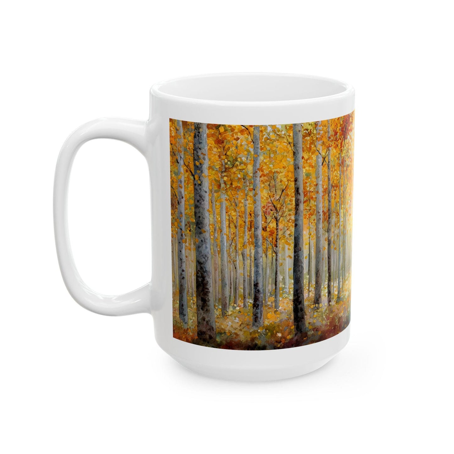 Autumn Birch Forest Art Mug | Cozy Fall Coffee Cup, 15 oz
