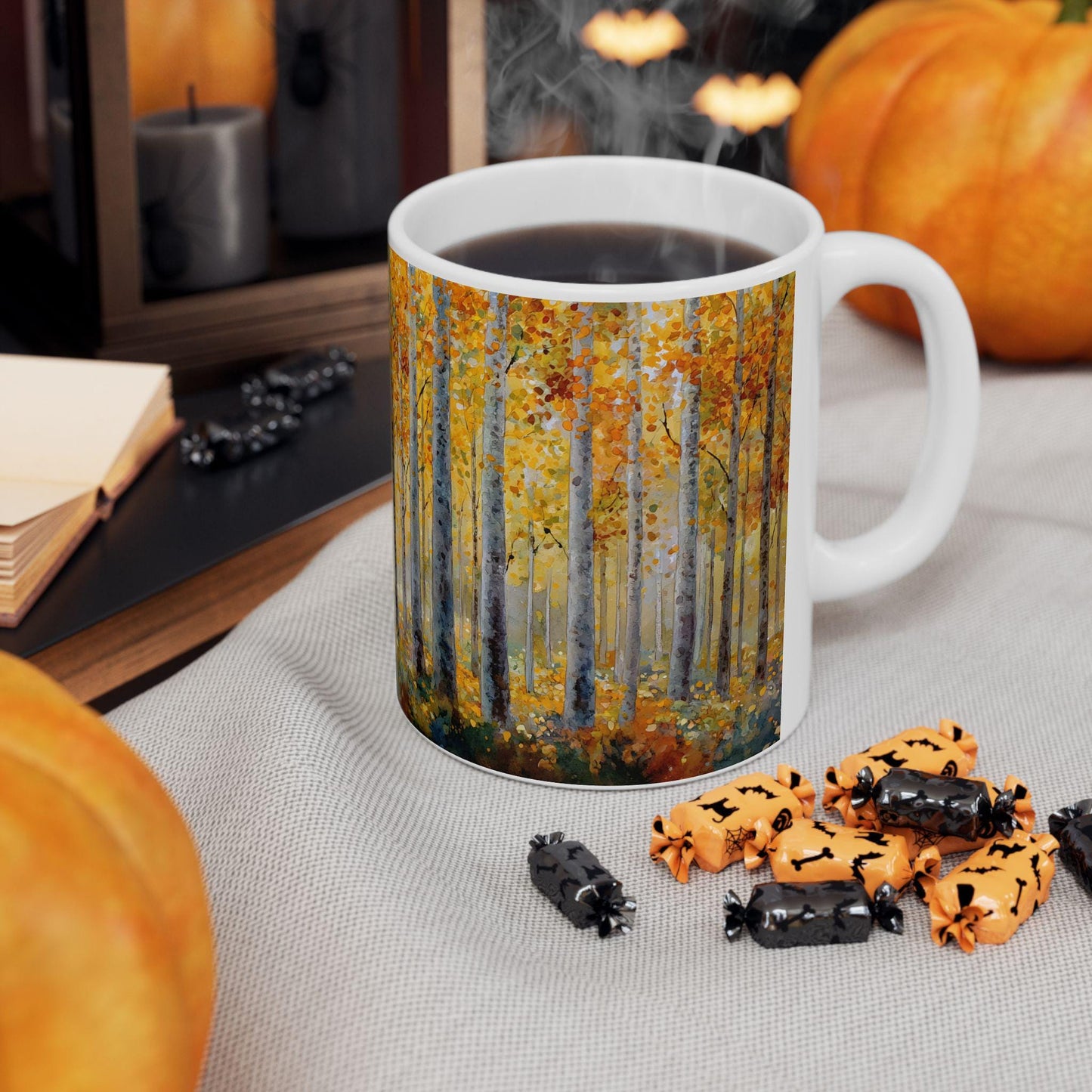 Autumn Birch Forest Art Mug | Cozy Fall Coffee Cup, 15 oz