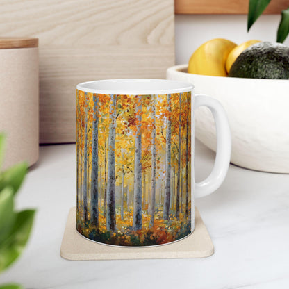 Autumn Birch Forest Art Mug | Cozy Fall Coffee Cup, 15 oz