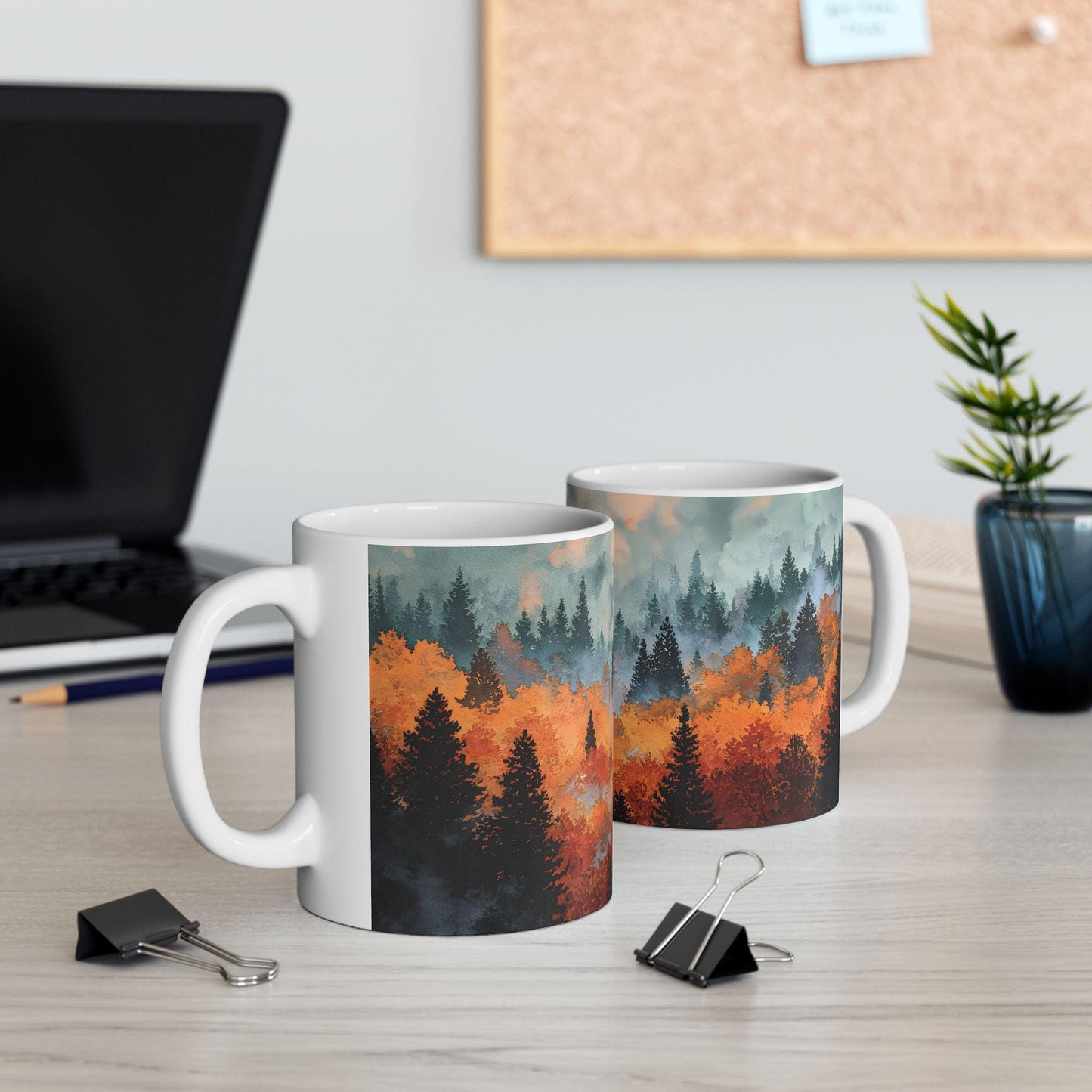 ColorFlow | Misty Mountain Forest Mug | 15 oz Ceramic Coffee Cup | Autumn Landscape Art Mug | Nature Lover Gift