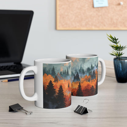 ColorFlow | Misty Mountain Forest Mug | 15 oz Ceramic Coffee Cup | Autumn Landscape Art Mug | Nature Lover Gift