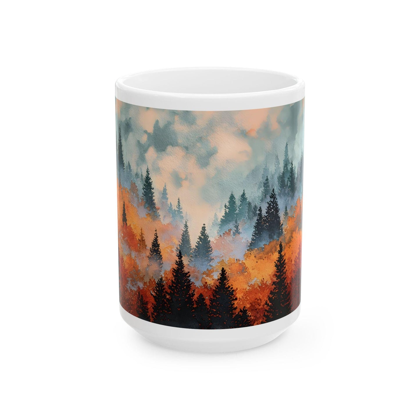 ColorFlow | Misty Mountain Forest Mug | 15 oz Ceramic Coffee Cup | Autumn Landscape Art Mug | Nature Lover Gift