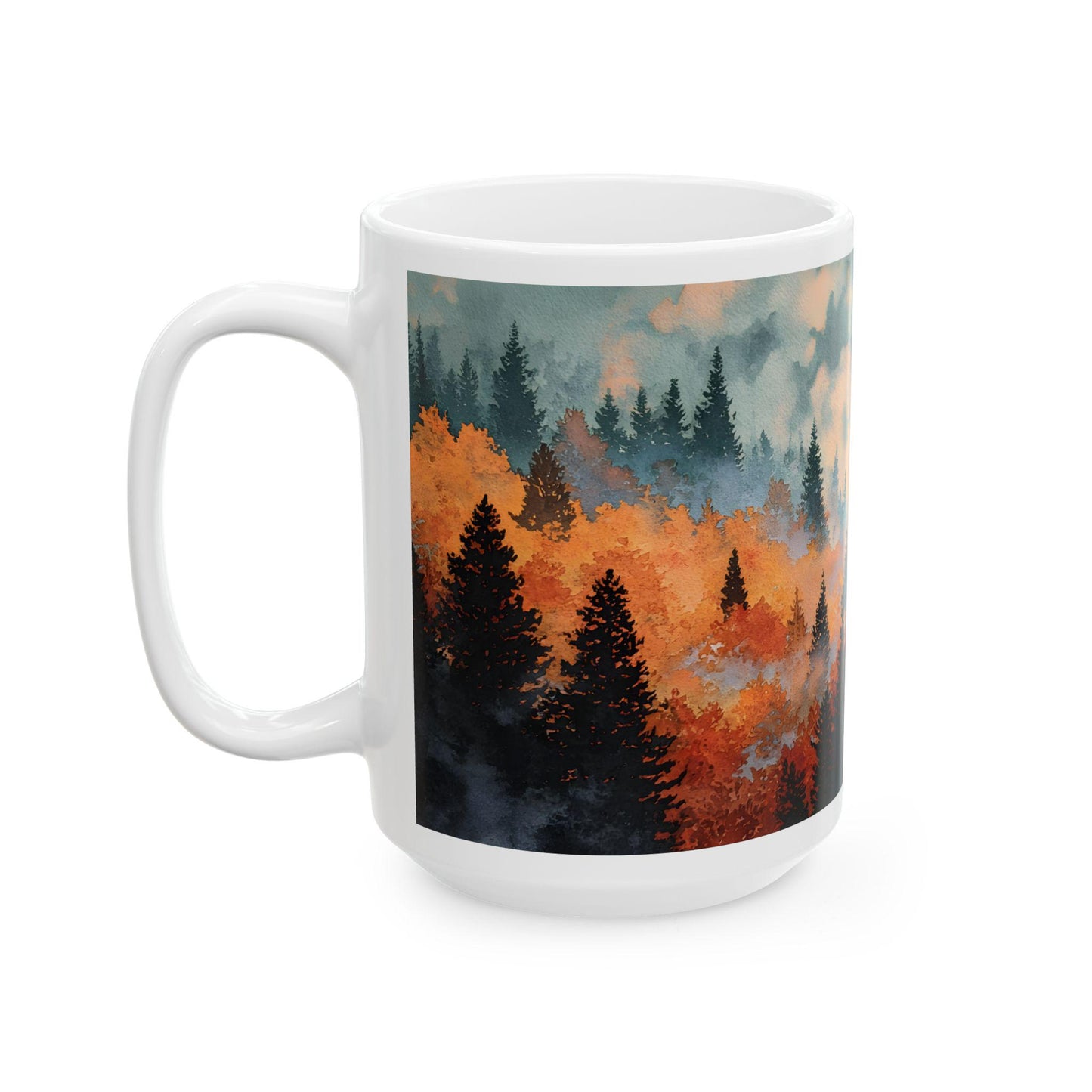 ColorFlow | Misty Mountain Forest Mug | 15 oz Ceramic Coffee Cup | Autumn Landscape Art Mug | Nature Lover Gift