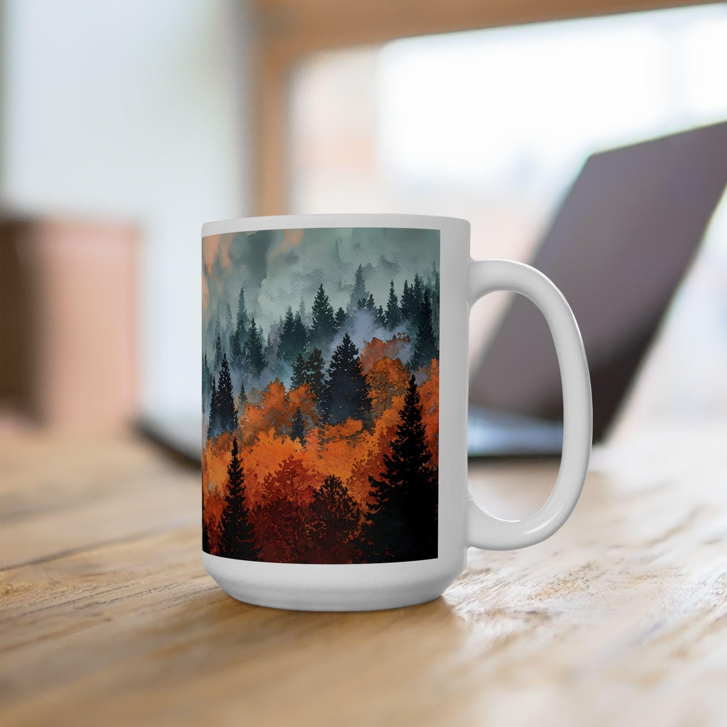 ColorFlow | Misty Mountain Forest Mug | 15 oz Ceramic Coffee Cup | Autumn Landscape Art Mug | Nature Lover Gift