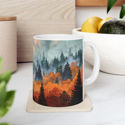 ColorFlow | Misty Mountain Forest Mug | 15 oz Ceramic Coffee Cup | Autumn Landscape Art Mug | Nature Lover Gift
