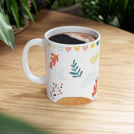 ColorFlow | Modern Fall Leaves Mug | 15 oz Ceramic Coffee Cup | Minimal Autumn Art Mug | Cozy Seasonal Gift