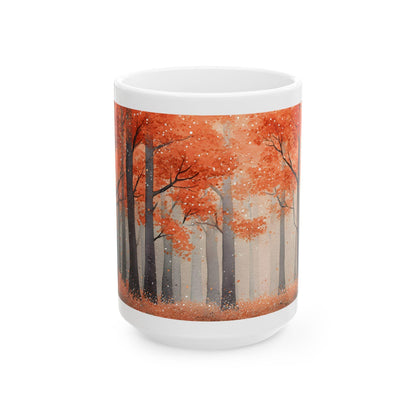 ColorFlow | Crimson Autumn Forest Mug | 15 oz Ceramic Coffee Cup | Fall Art Coffee Mug | Nature Lover Gift