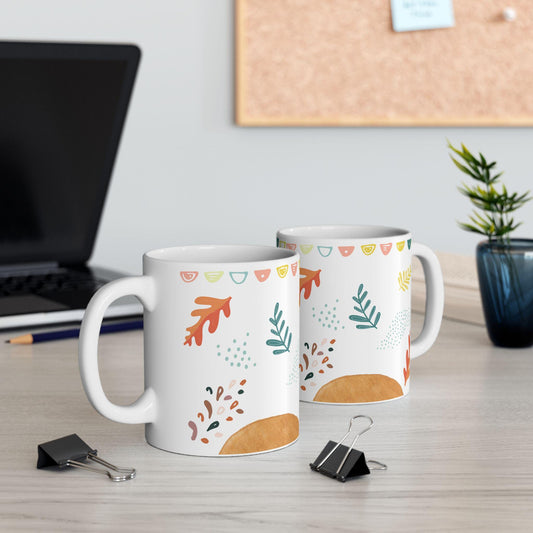 ColorFlow | Modern Fall Leaves Mug | 15 oz Ceramic Coffee Cup | Minimal Autumn Art Mug | Cozy Seasonal Gift