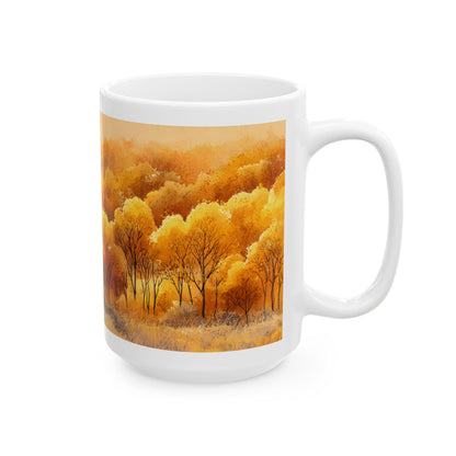 ColorFlow | Golden Fall Forest Mug | 15 oz Ceramic Coffee Cup | Autumn Art Mug | Warm Nature Inspired Gift