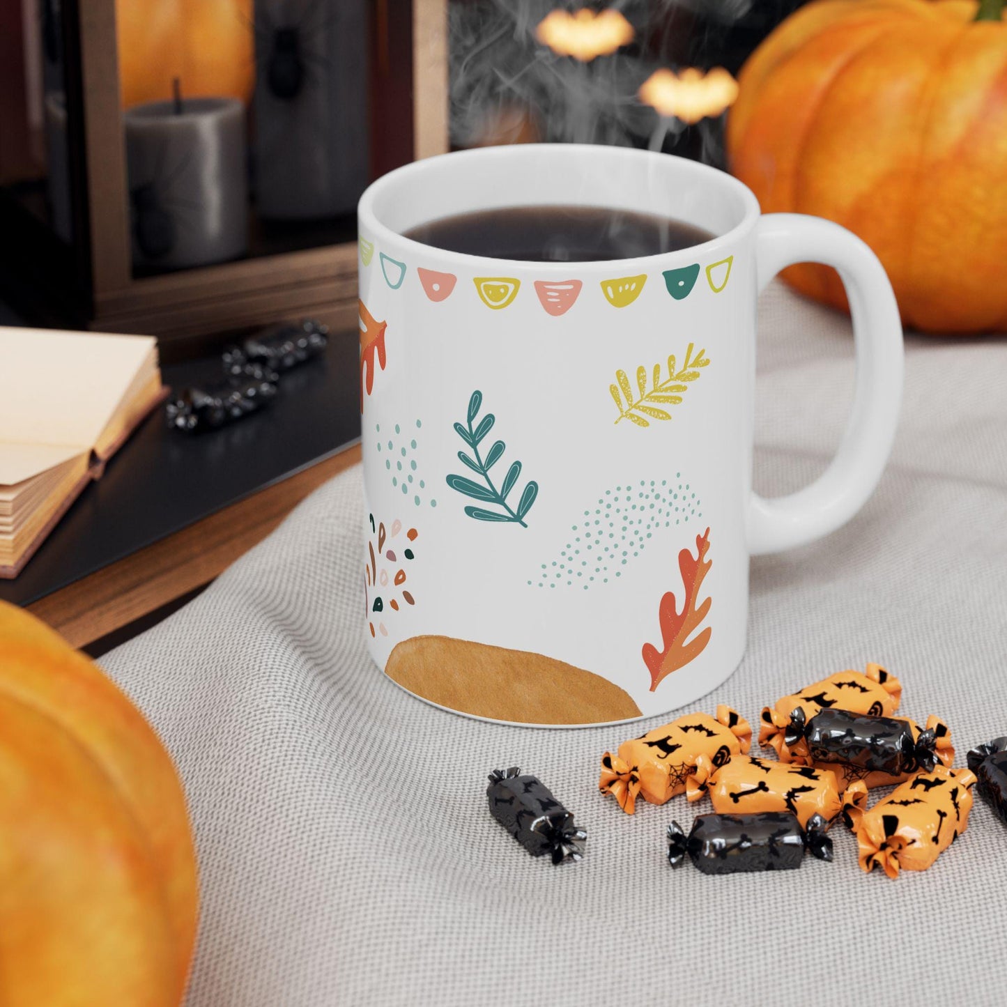 ColorFlow | Modern Fall Leaves Mug | 15 oz Ceramic Coffee Cup | Minimal Autumn Art Mug | Cozy Seasonal Gift